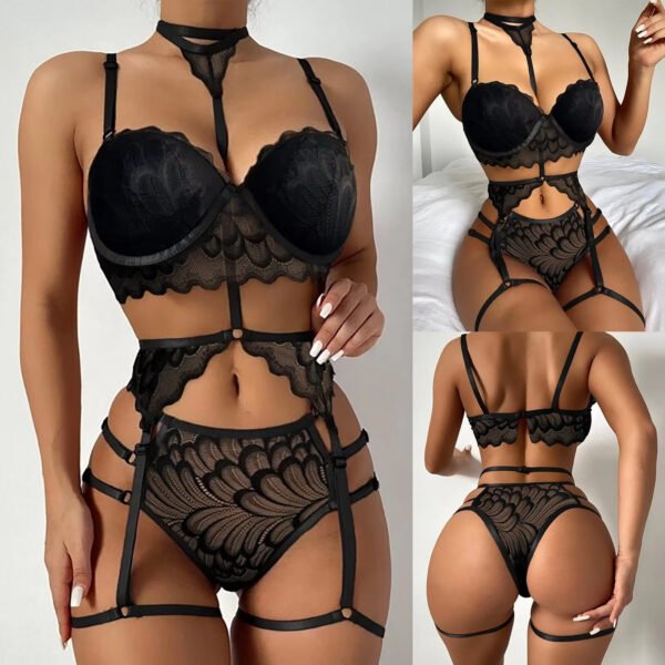 Sexy Three-Piece Lingerie Set Spandex Garter Belt Halter Neck Lace Factory Direct Sexy Lingerie Set With Garter Belt - Image 6