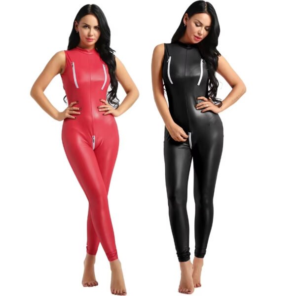 Tight Sexy Lingerie Bodysuit Women's PU Zipper Underwear Sleeveless Leather Lingerie - Image 2