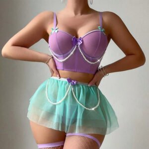 Princess Sexy Underwear Push up Lingerie Lace Skirt Pearl Chain Fishnet Stockings With Thong Set in Stock