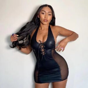 New Supply Sexy Women's Patent Leather Halter Backless Hip Skirt Dress With Underwear Sexy Lingerie