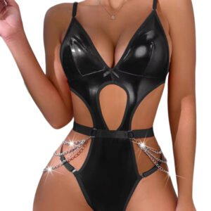 Adult High Quality One Piece Costume Bodysuit Black Red Faux Leather Chain Teddy Nighty Sexy Lingerie Women