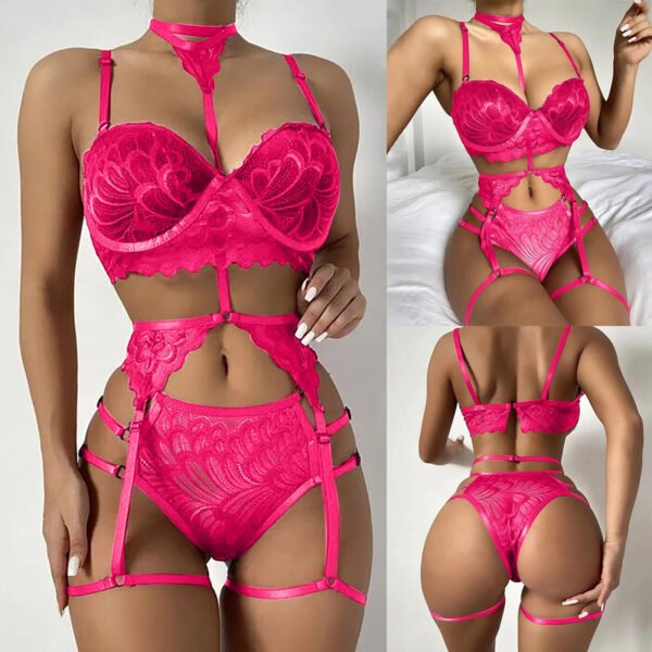 Sexy Three-Piece Lingerie Set Spandex Garter Belt Halter Neck Lace Factory Direct Sexy Lingerie Set With Garter Belt - Image 5