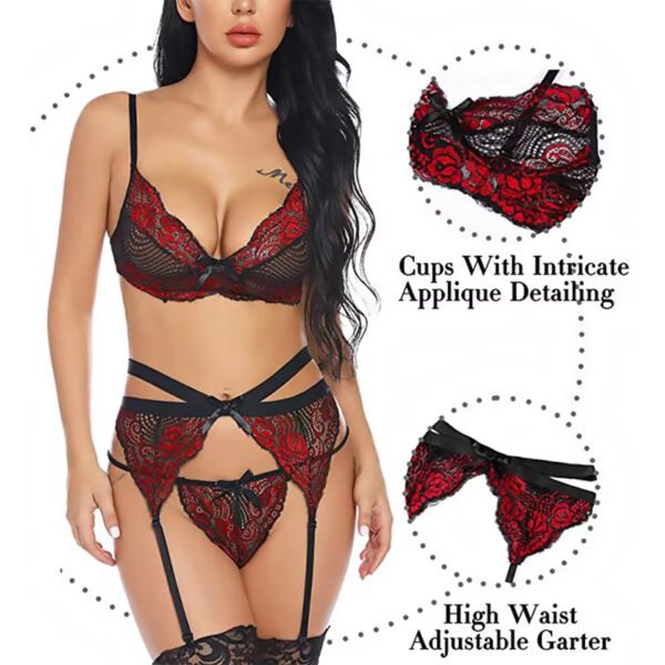 Wholesale Hot Sale Underwear Hollow Lace Sexy Women's Lingerie Three-piece Set Erotic Lace Bralette Underwear - Image 6