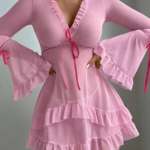 New Sexy Lingerie Lace Ruffle Mesh See-Through Dress Thong Pajamas 2-Piece Set for Women