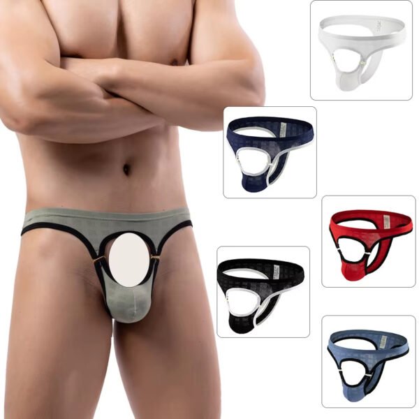 European and American Men's Sexy T-back Metal Clasp Sexy Briefs Gay T-shaped Panties Open Design Underwear - Image 2