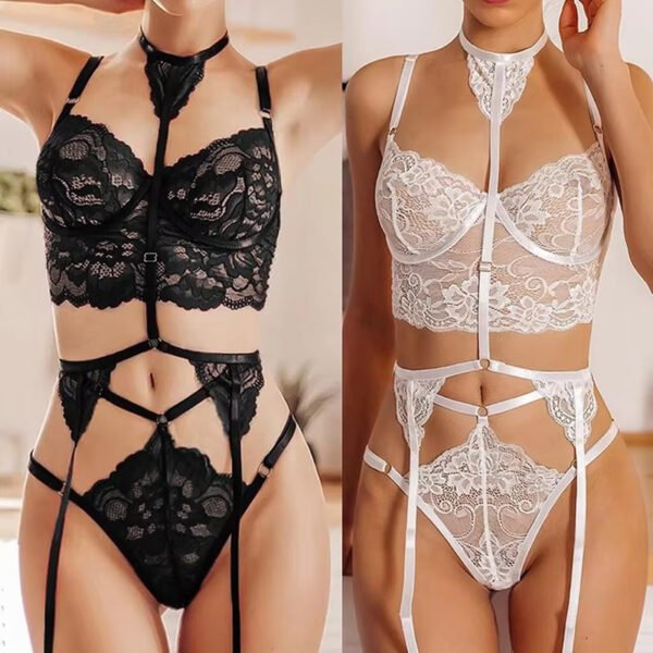 Hot Sexy Lace Underwear Pajama Bandage Three Pieces Nightwear Set Women Party Temptation Ladies Sexy Lingerie Suit - Image 5