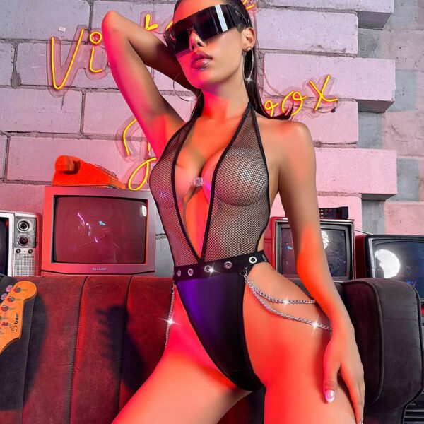 Sexy Costumes Adult Sexy Women Lingerie Eyelet and Chain Fringe Black Fishnet Women Halter Plunge Jumpsuit Sexy - Image 3