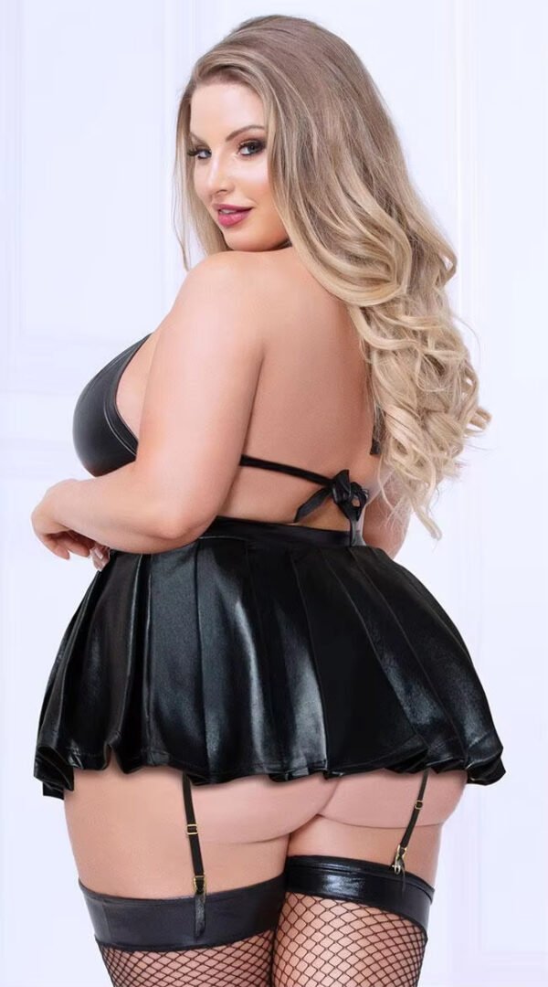 Sexy Women Plus Size Black Lingerie Set Patent Leather Bikini Bra and Night Dress Erotic Lingerie - Image 2