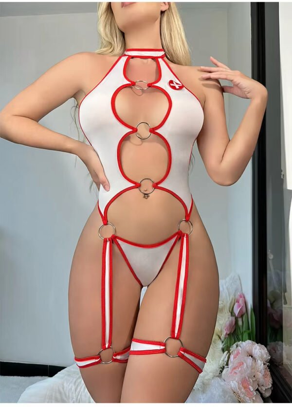 Sex Lingerie Cosplay Neck Loop Strap Slim Fit Integrated Nurse Uniform Hollowed Out Seductive Backless Jumpsuit Women's Lingerie - Image 3