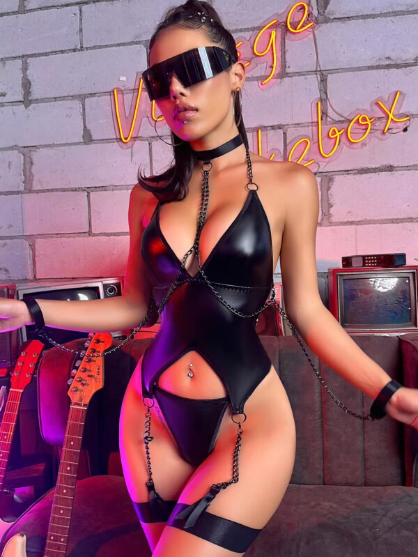 New DeepVOpen Crotch Jumpsuit Leather Clothing Sexy Uniform Seductive Set Motorcycle Girl Chain Sexy Lingerie - Image 4