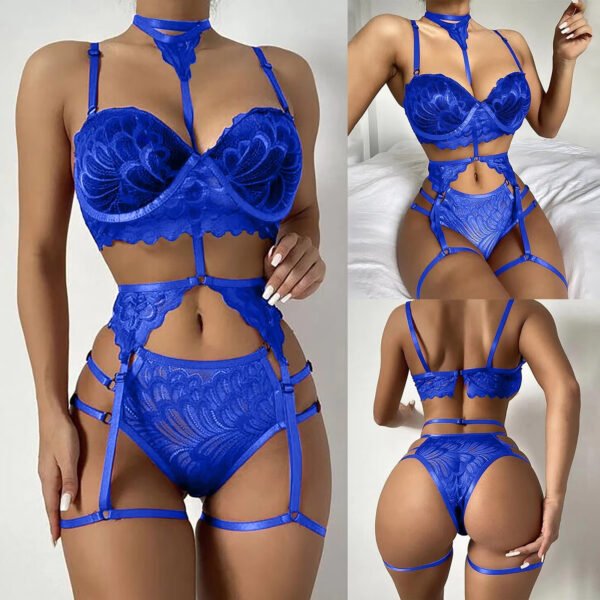 Sexy Three-Piece Lingerie Set Spandex Garter Belt Halter Neck Lace Factory Direct Sexy Lingerie Set With Garter Belt - Image 3