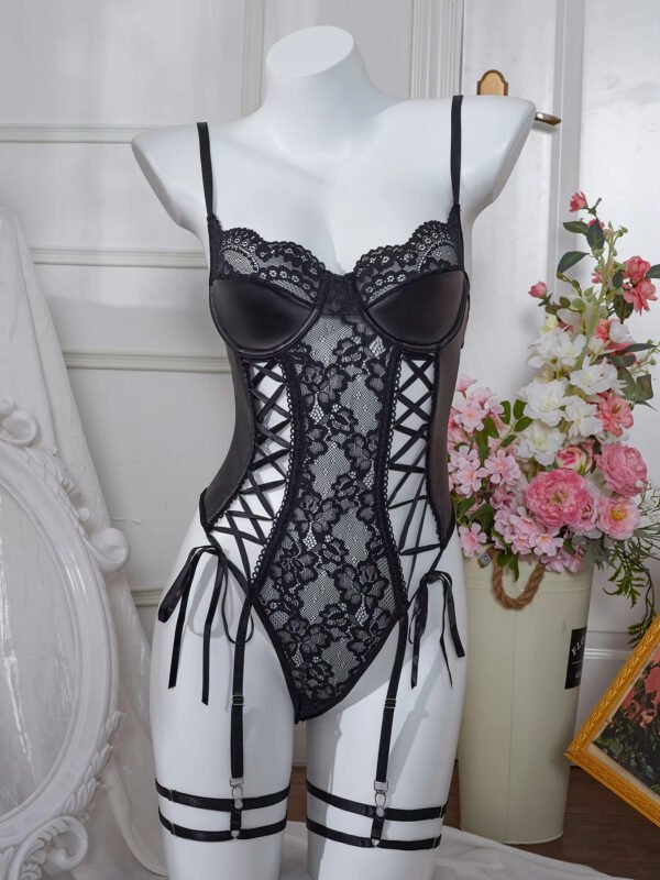 Black Women's One Piece Butterfly Embroidery Lingerie Bodysuit Sexy Transparent Lace Ruffles ODM Wholesale - Image 4