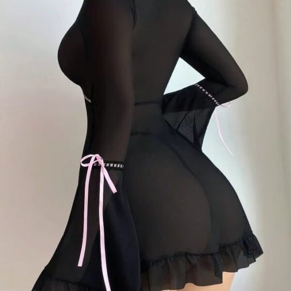 New Sexy Lingerie Lace Ruffle Mesh See-Through Dress Thong Pajamas 2-Piece Set for Women - Image 4