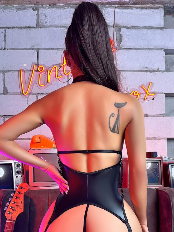 New DeepVOpen Crotch Jumpsuit Leather Clothing Sexy Uniform Seductive Set Motorcycle Girl Chain Sexy Lingerie - Image 5