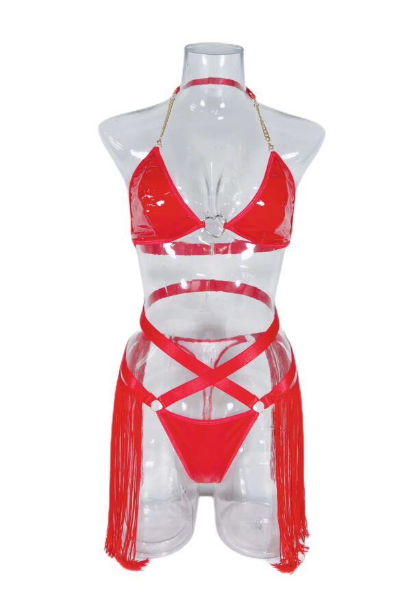 Women Leather Sexy Halter Triangle Bralette G-String Red Faux Pu Lingerie Set Matching Thread Tassel Skirt - Image 5