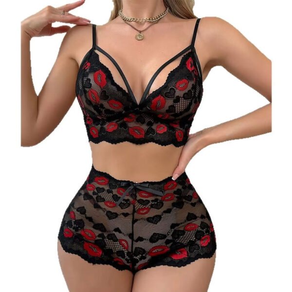 Hot-selling Sexy Women's Sleepwear Lip Prints Lace Mesh Seductive Outfits Passion Fishnet Lingerie Deep-V Passion Suit Pajamas - Image 3