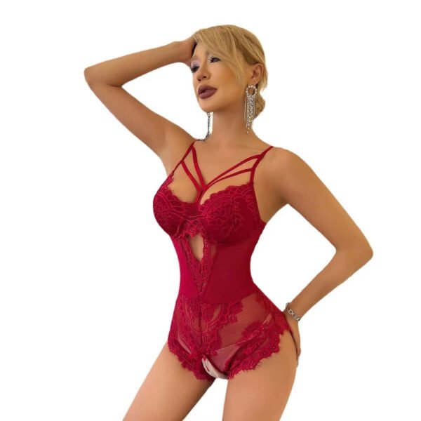 Women's Sexy Satin One-Piece Fishnet Pattern Open Backless Onesie Free Size Lace Mesh Stitching Women's Shaper Suit - Image 2
