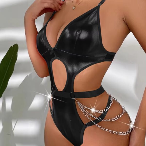 Adult High Quality One Piece Costume Bodysuit Black Red Faux Leather Chain Teddy Nighty Sexy Lingerie Women - Image 2