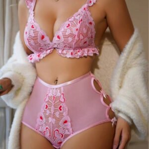 pink Valentine's Day Lingerie Set 2pcs Cute Heart Lace Bra and Panty Set Ruffles Strap Crop Top High Waist Brief Sexy Underwear