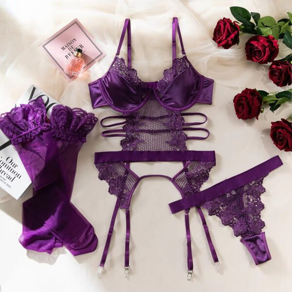 Wholesale High Quality See-Through Mesh Bra Set New Arrivals Erotic Embroidery Lace Suspender Corset Lingerie Set - Image 5