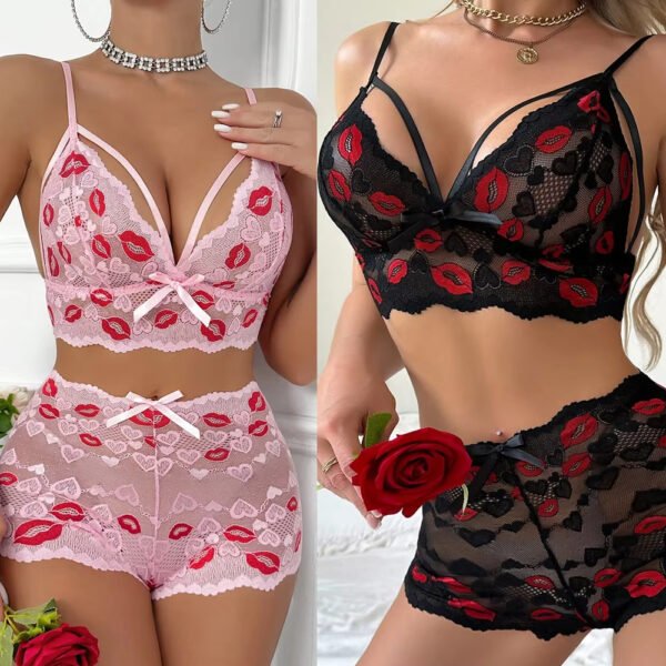Hot-selling Sexy Women's Sleepwear Lip Prints Lace Mesh Seductive Outfits Passion Fishnet Lingerie Deep-V Passion Suit Pajamas - Image 2