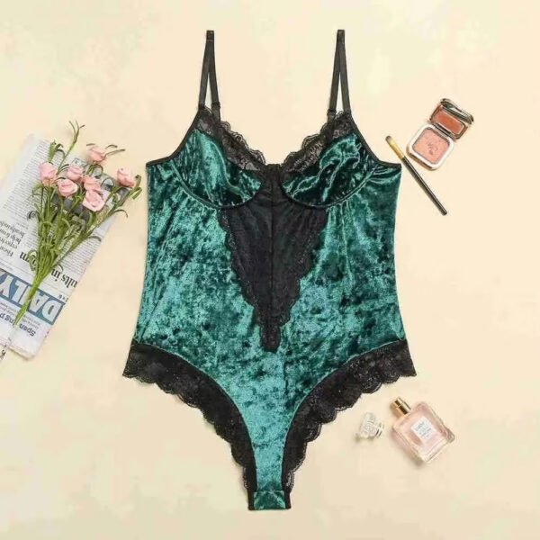 New European American Women's Sexy Lingerie Set Thin Gold Diamond Velvet Steel Ring Support Jumpsuit Lace Edge Rhinestone - Image 2