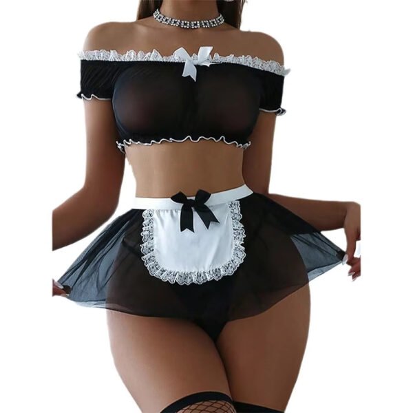 New Sexy See Through Mesh Lingerie Lace Flower Cosplay Women's Underwear Sexy Maid Three-piece Nightgowns
