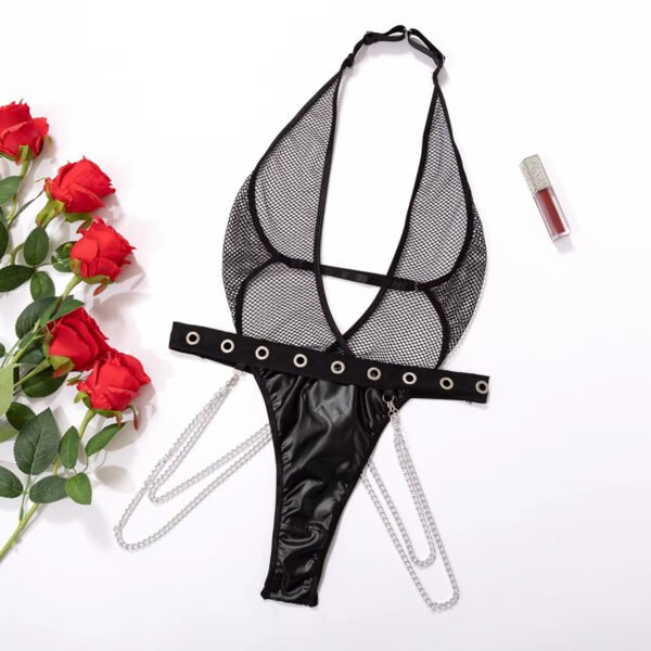 Sexy Costumes Adult Sexy Women Lingerie Eyelet and Chain Fringe Black Fishnet Women Halter Plunge Jumpsuit Sexy - Image 5