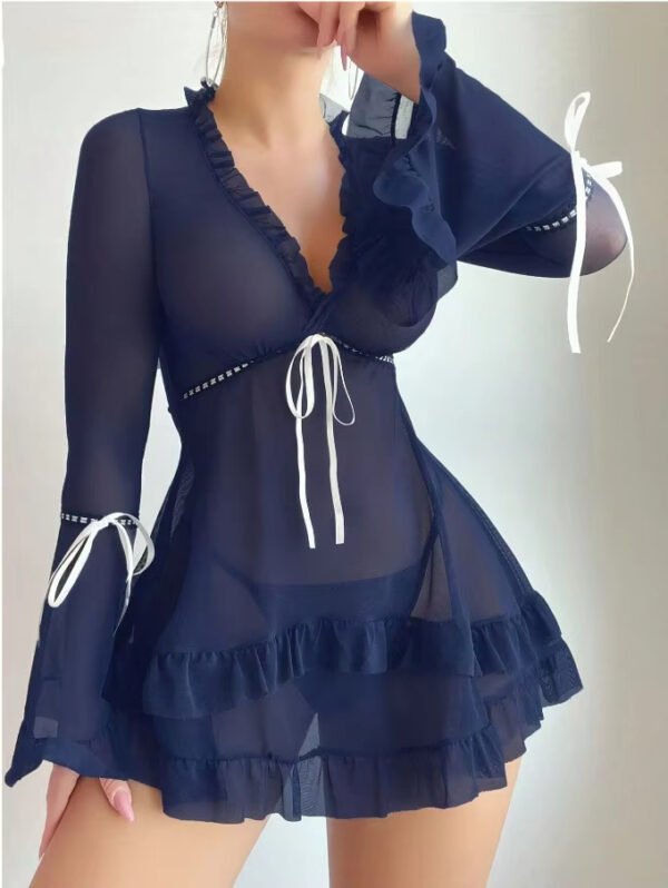 New Sexy Lingerie Lace Ruffle Mesh See-Through Dress Thong Pajamas 2-Piece Set for Women - Image 6