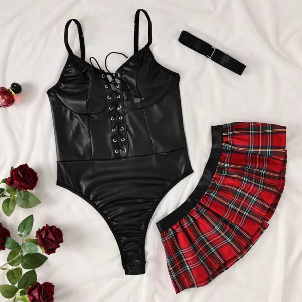 Leather Plaid Skirt Uniform Role Play Outfits Mature Women Sexy Lingerie - Image 5