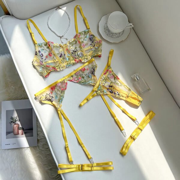 New Sexy Women's Embroidery Floral Bra Garter Belt Color Matching Fun Suit for Europe United States Direct Foreign Trade Supply - Image 5