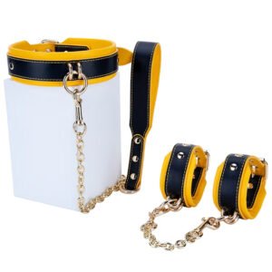 Pu Leather BDSM Kit Sm Game Black Yellow Handcuffs Collar Bdsm Bondage Set Kit Bondage Gear Sex Toy