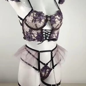 Sexy Lingerie Fancy Women's Underwear See Through Erotic Costumes 3 Piece Bra and Panty Set With Garters Exotic Lingerie Sets
