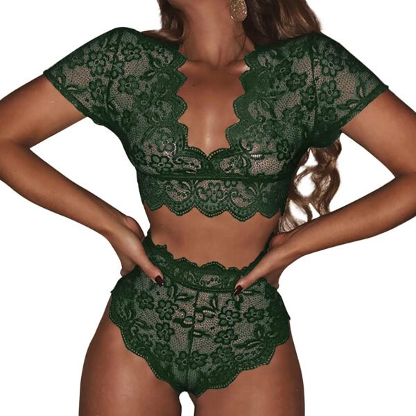 New Women's Sexy Lingerie Set Lace Hollow V-neck Small Shirt Pants Suit - Image 2