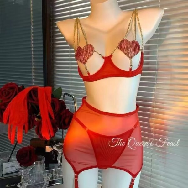 Wholesale Valentines Open Chest Lingerie Luxury Push up Half Cup Bra With Chain Sexy Red Delicate Underwear Set - Image 4