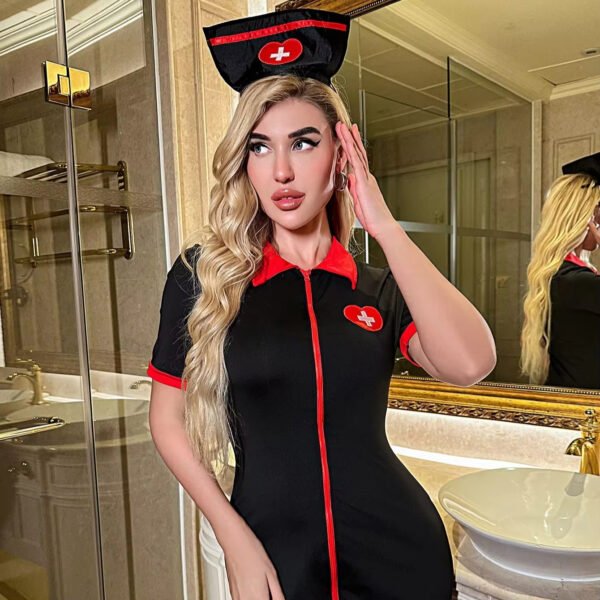 Cosplay Nurse Uniform Halloween Costume Tight Mini Skirt Hot Nightwear Set With Cap and Dress - Image 2