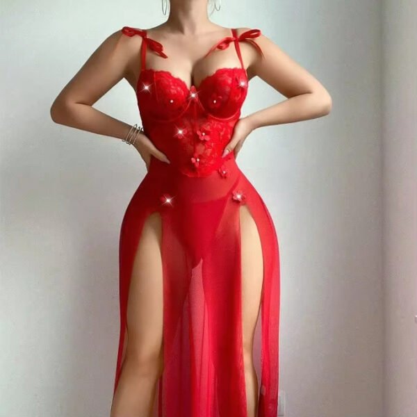 Long High Waist Lace Seductive Sleepwear Sexy Mesh Strappy Dress Perspective Lingerie Sweet Floral See-through Nightgown - Image 4