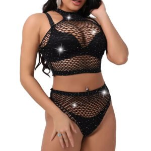 European American Style Two-Piece Sexy Satin Lingerie Suit Lace for Amazon Foreign Trade Stock Rhinestone Mesh Mature Fabric