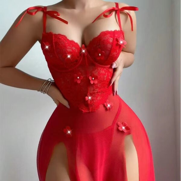 Long High Waist Lace Seductive Sleepwear Sexy Mesh Strappy Dress Perspective Lingerie Sweet Floral See-through Nightgown - Image 3