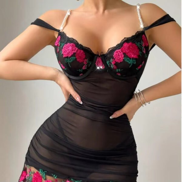 Luxury Fun Underwear Sexy Mesh Embroidery Perspective Pearl Shoulder Bodysuit Transparent Seductive Style Lace Decoration Thin - Image 3
