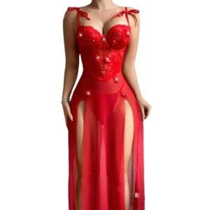 Long High Waist Lace Seductive Sleepwear Sexy Mesh Strappy Dress Perspective Lingerie Sweet Floral See-through Nightgown