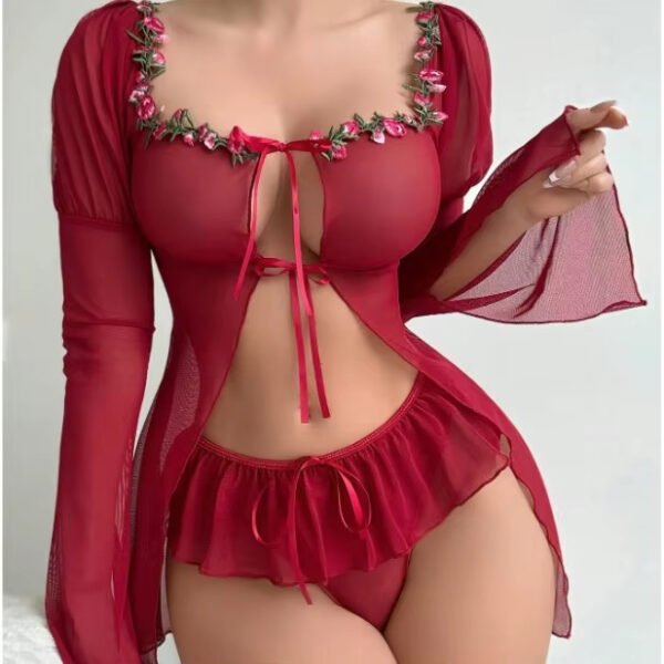 Fun Suit for Girls Sexy Hot Jumpsuit Long Sleeve Split Lace Thin Mesh Perspective Coat Japanese One-Piece Bodysuit Light Control - Image 3