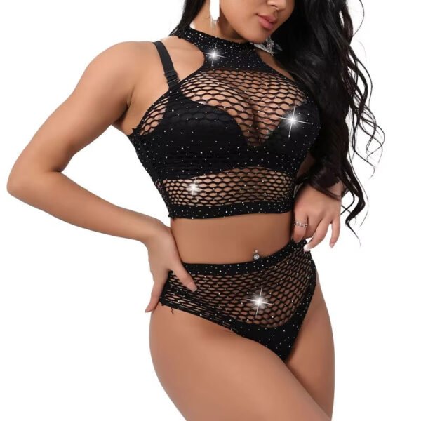 European American Style Two-Piece Sexy Satin Lingerie Suit Lace for Amazon Foreign Trade Stock Rhinestone Mesh Mature Fabric - Image 5