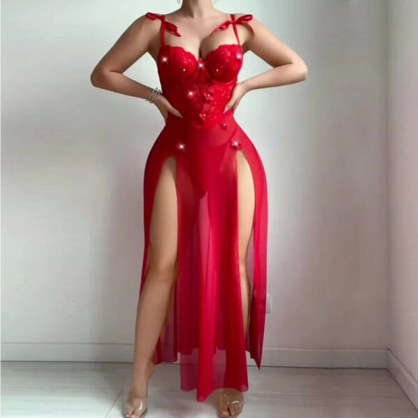 Long High Waist Lace Seductive Sleepwear Sexy Mesh Strappy Dress Perspective Lingerie Sweet Floral See-through Nightgown - Image 2