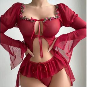 Fun Suit for Girls Sexy Hot Jumpsuit Long Sleeve Split Lace Thin Mesh Perspective Coat Japanese One-Piece Bodysuit Light Control