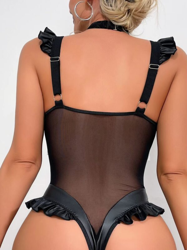 Lace Lingerie Sexy Leather Patchwork Mesh Exquisite Pleated Lace Perspective Backless Maid Outfit Sexy Jumpsuit for Ladies - Image 4