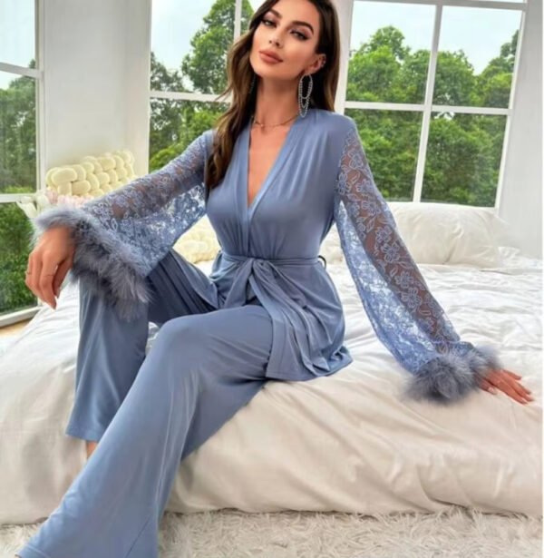 2025 New Casual Home Comfortable Breathable Women's Sexy Thin Embroidered Home Pajama Set - Image 3