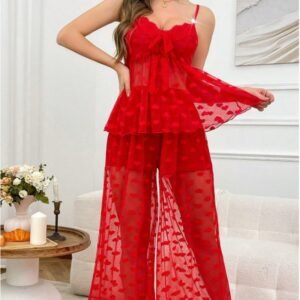 European and American foreign trade cross-border sexy lace heart print see-through trousers sexy lingerie set wholesale red lace