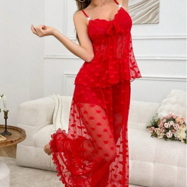 European and American foreign trade cross-border sexy lace heart print see-through trousers sexy lingerie set wholesale red lace - Image 4