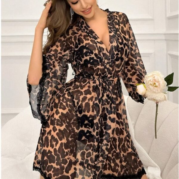 Bathrobe European and American long sexy printed pajamas ladies sexy lingerie leopard print nightgown sexy bathrobe - Image 3